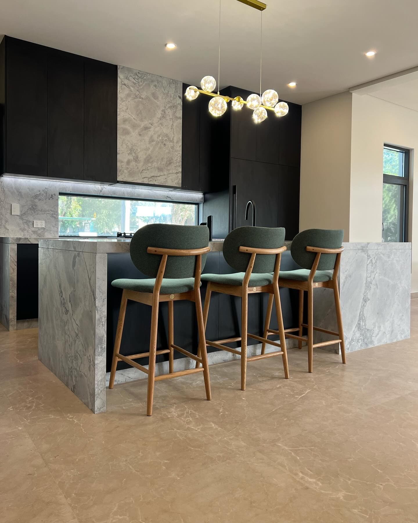 Honed Super White Dolomite island benchtop with waterfall edges Maroubra, Sydney